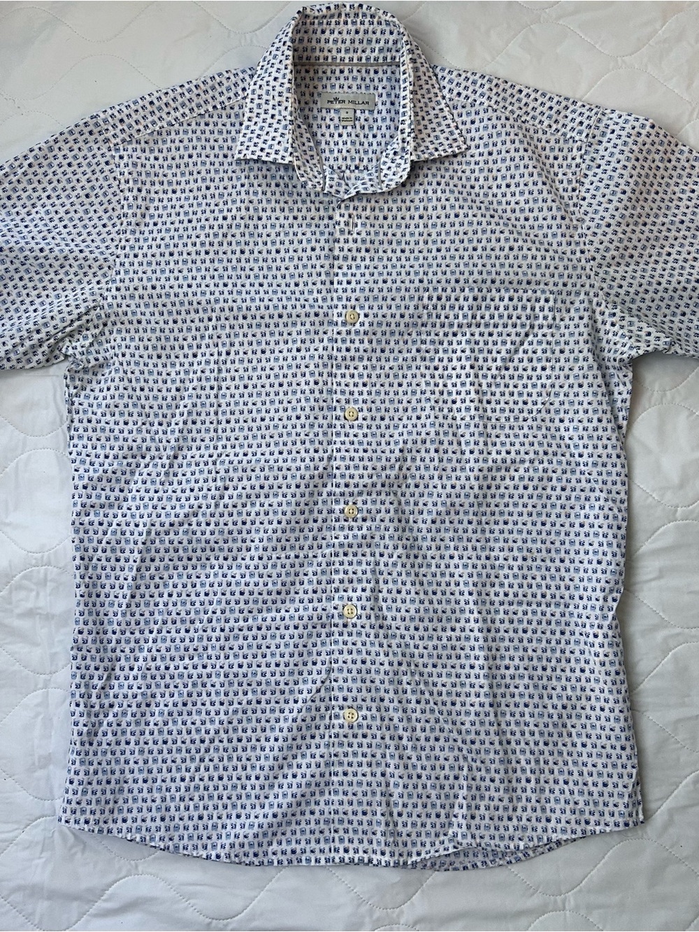 Peter Millar White Short-Sleeve Button-Down with Navy Microprint